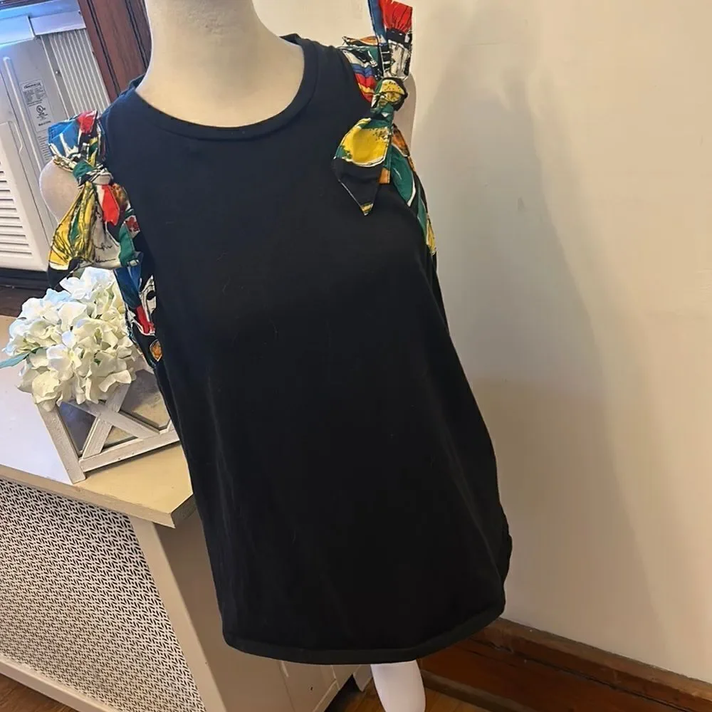 J Crew black sleeveless multicolored bow tie cotton blouse Size M EUC